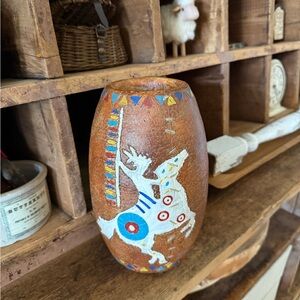 Handcrafted Faux Leather Brown Vase with Colorful Tribal Design